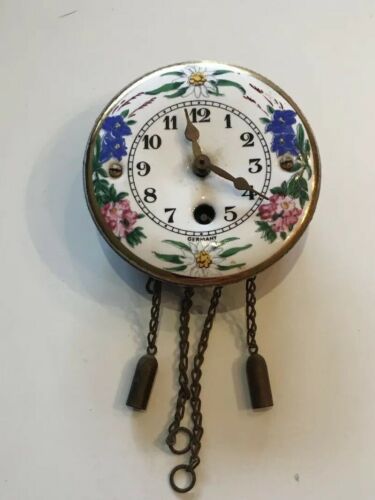 Small Antique German Enameled Hanging Clock with Floral Border Design