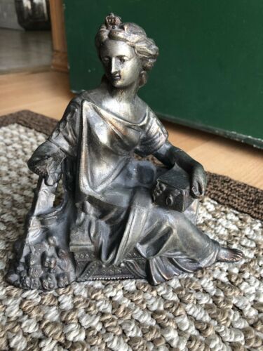 Statue Antique Clock Topper AM. WRG. CO. NY. Lady with a box on her lap.