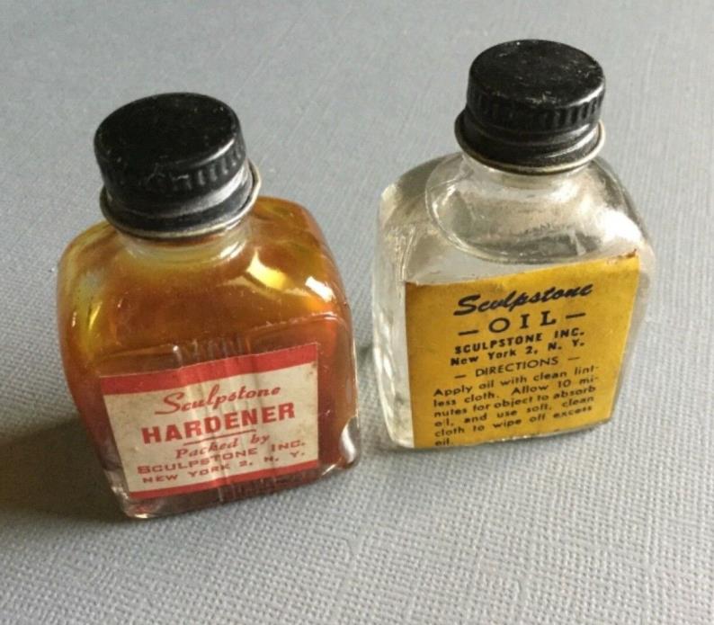 Lot 2 Vintage Sculpstone Bottles - Oil & Hardener - Oil Bottle w/ Contents