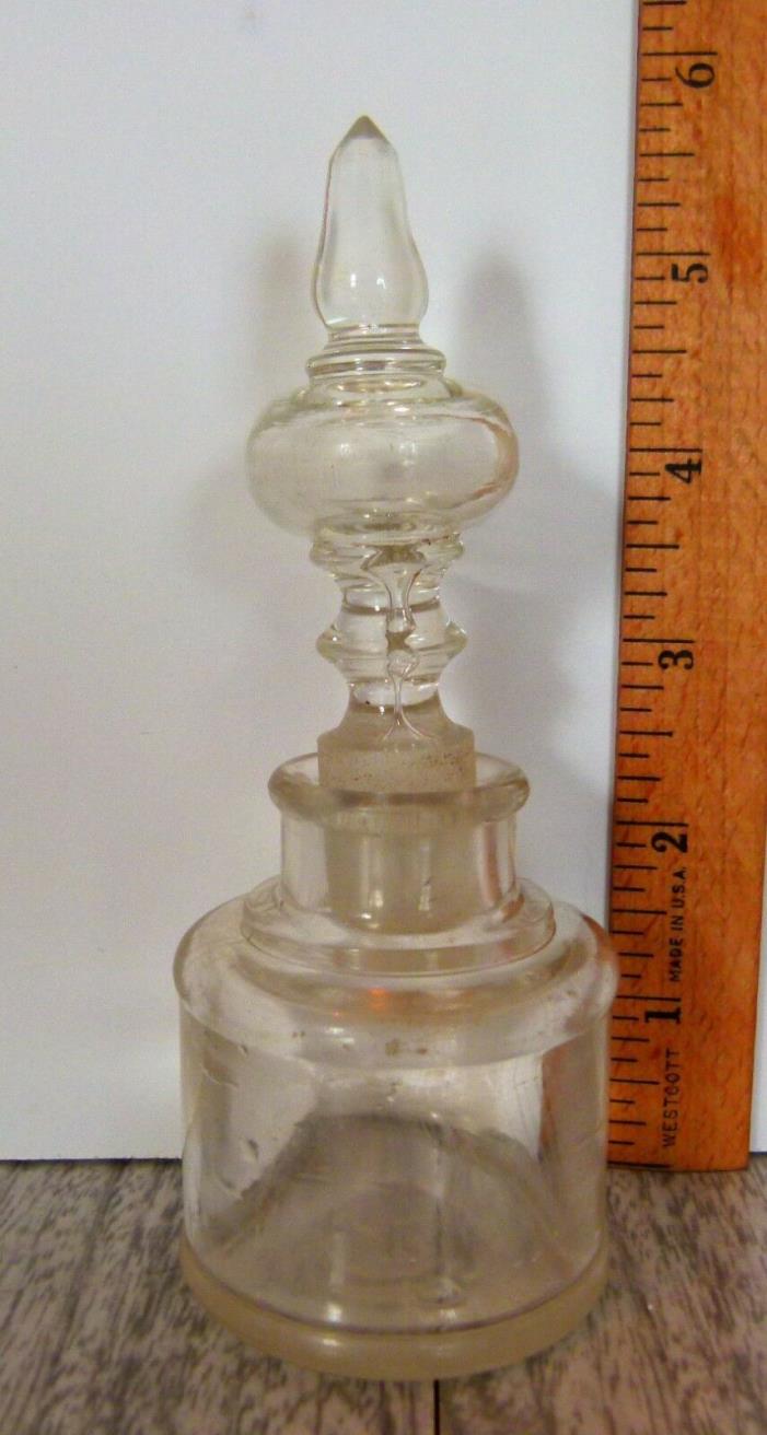 ANTIQUE VINTAGE INK BOTTLE INKWELL WITH FANCY GLASS STOPPER  5 3/4