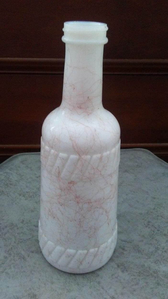 Vintage Art Deco White Glass Bottle With pink Lines  9.75