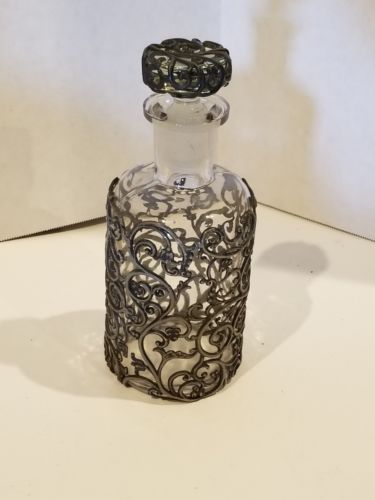 Vintage Apothecary Glass Bottle w/Pewter Filigree Overlay