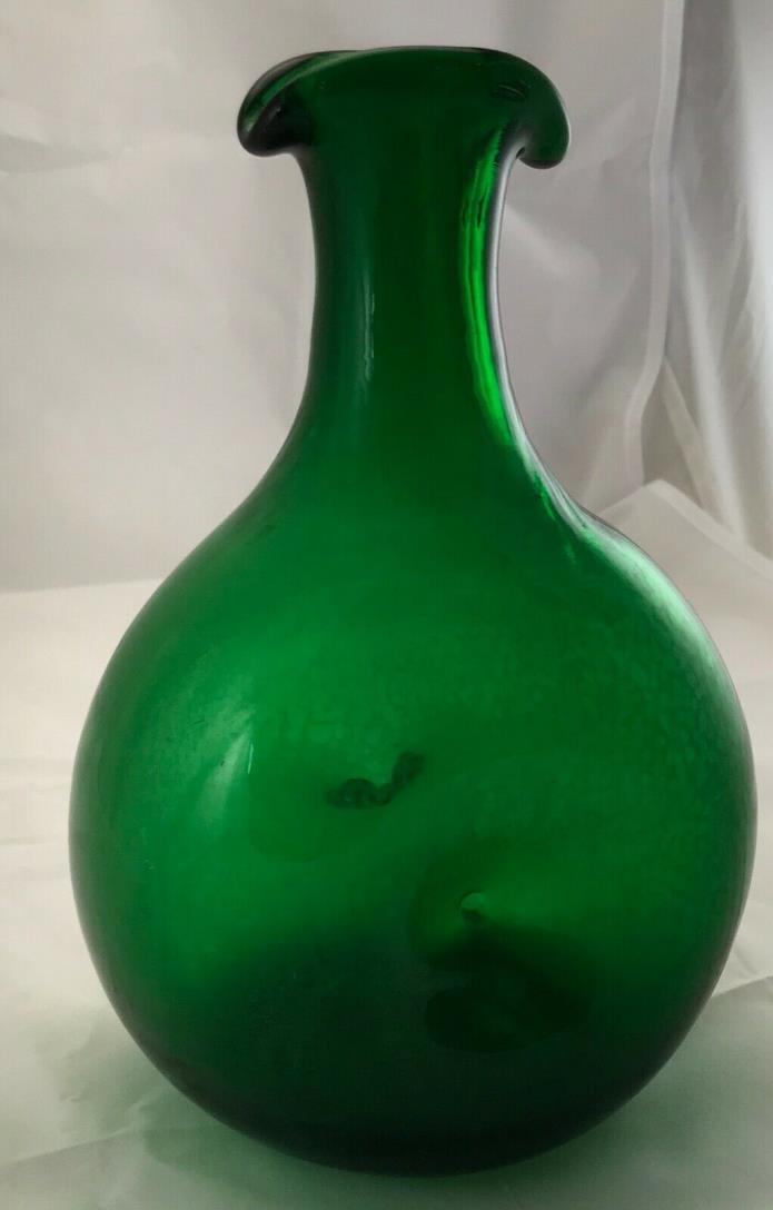 Antique Green Glass Wine Bottle Hand Blown ~ Dimpled sides ~ Double Pour Spout