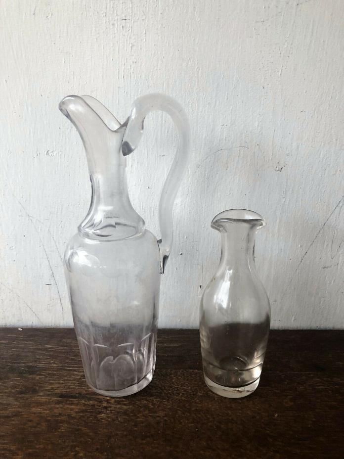 Lot of 2 Antique French Hand Blown Glass Pitchers Bottles Decanters Carafes