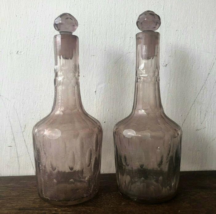 Pair of 2 Antique French Hand Blown Pink Glass DECANTER Bottles w/ Stoppers