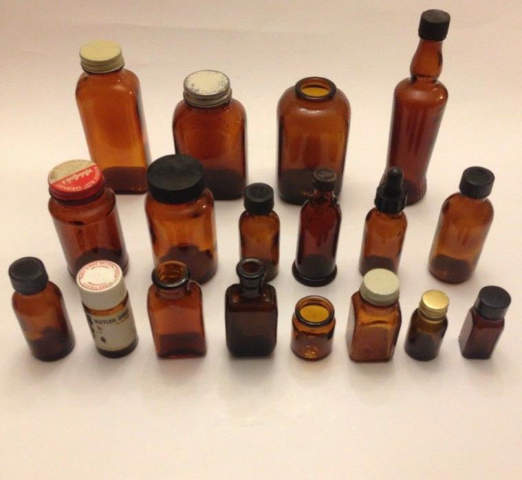 LOT OF 18 ANTIQUE VINTAGE BROWN GLASS BOTTLES