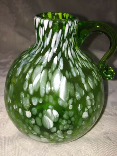 Vintage Hand Blown Green Art Glass Bottle With Applied White Spatter Design
