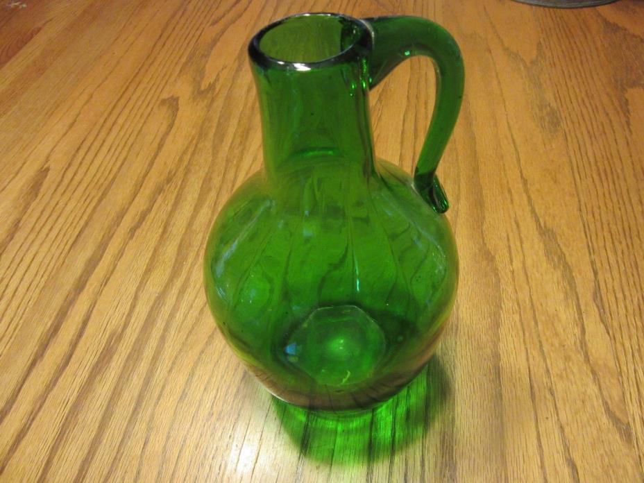 Vintage Hand blown Green Art Hand Made Glass Wine Bottle Jug handle 9