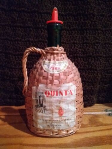 Vintage 1966 Quinta Wine Bottle Lisbon Wicker Wrapped With Handle & Paper Label