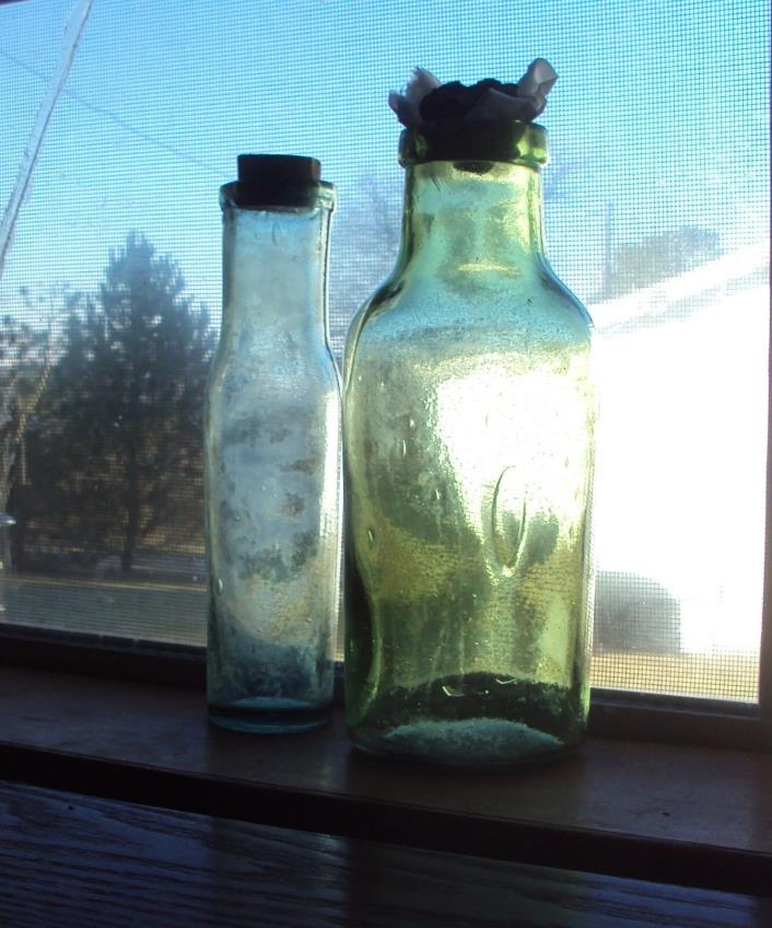 2 Antique Green Glass Bottles