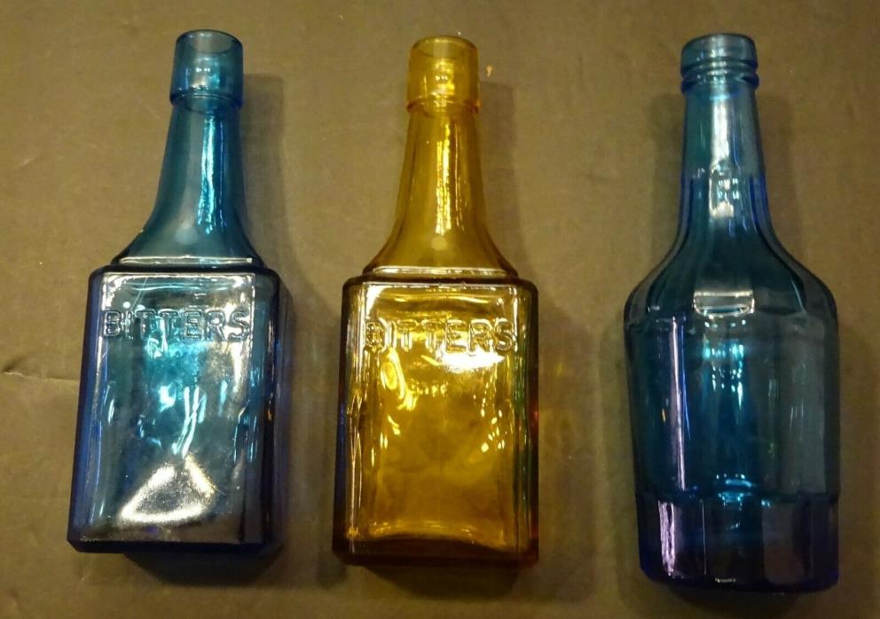 ANTIQUE BITTER GLASS BOTTLE BLUE YELLOW  LOT OLD COLLARD VTG GLASS