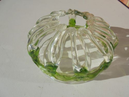 Unusual Old Antique Blown Glass Bride's Bank Flower Frog Green Clear