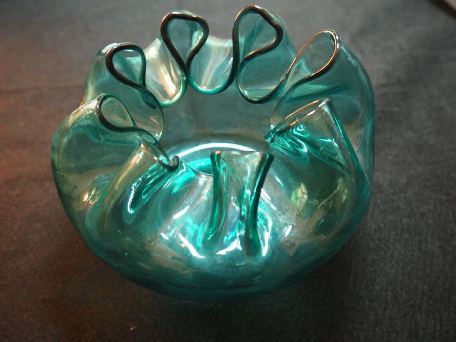 Lovely Early Blown Glass Open Pontil turquiose Blue Crimped Top Vase Bowl