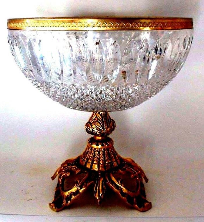 beautiful large vintage crystal and metal gold color centerpiece bowl