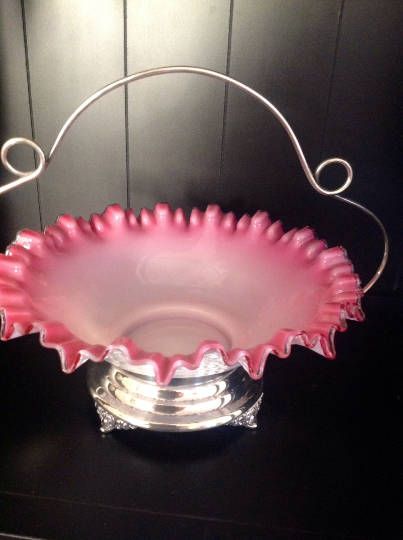 Pink to White Antique Brides Basket with Silverplate Base