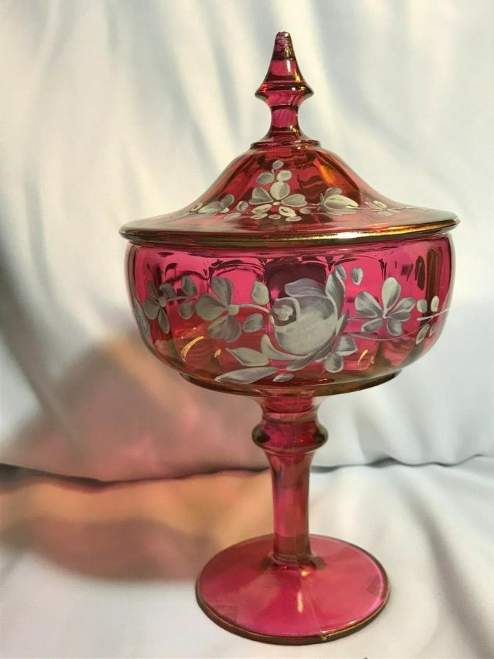 VINTAGE CRANBERRY HAND PAINTED COVERED CANDY DISH, STEM AND FOOTED FLORAL DESIGN