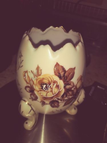 Antique Hand Painted Porcelain Footed Egg Cup Gold Trim .