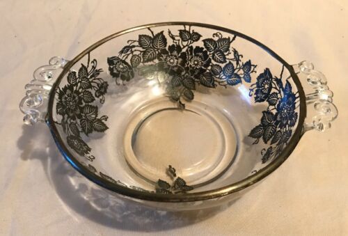 Antique Glass Dish Featuring Floral Sterling Silver Overlay Handled Bowl 7.5”