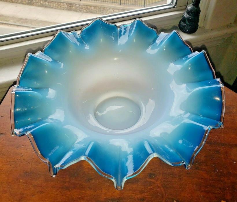 Antique Victorian Glass Brides Bowl Opalescent Blue White / Clear Rim