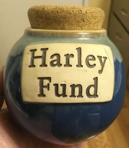 Harley Fund COIN BANK STORAGE Jar with Cork Lid Harley Davidson Motorcycle EUC!!