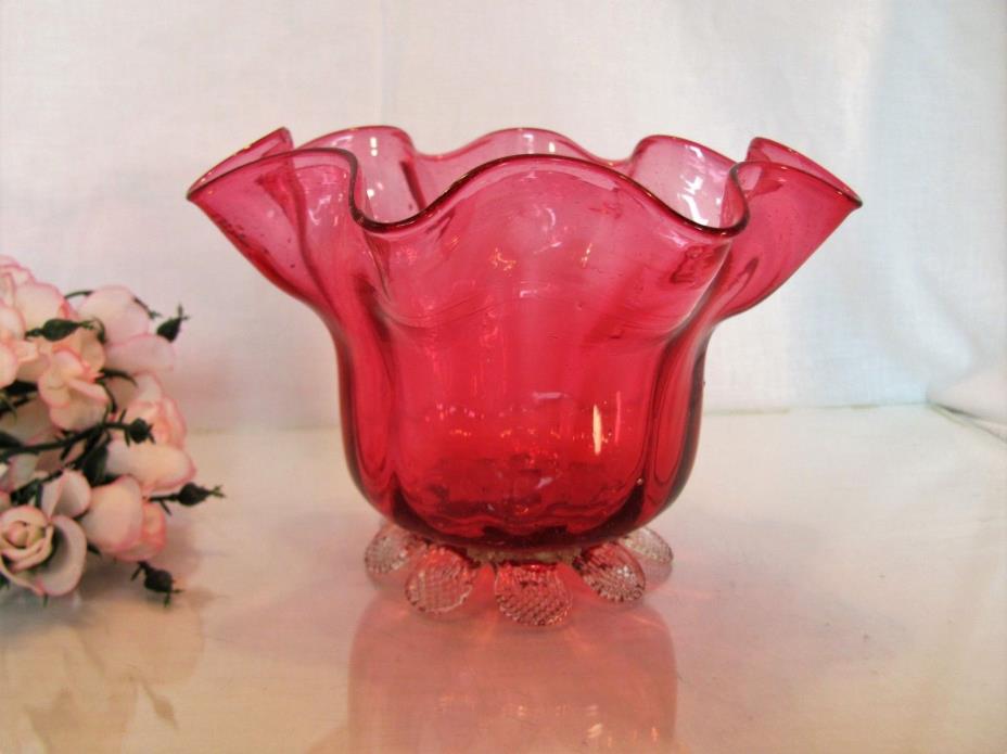 Victorian Cranberry Glass Hand Blown Bowl Applied Rigaree Feet