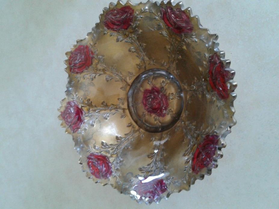 Vtg Antique GOOFUS Carnival Glass Gold Painted With Red Roses Scallop Bowl