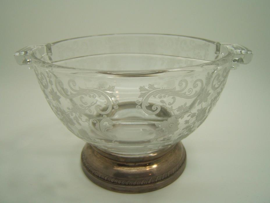 Vintage 2 Section Floral Etch Glass Bowl Sterling Silver Foot Mark Sheffield Co.