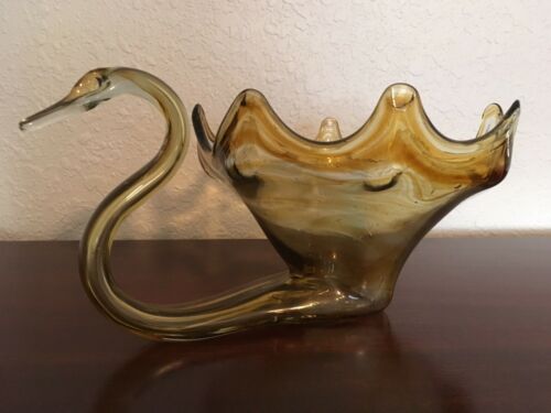 Blown Glass Console Swan Vintage Large Brownish Bowl Centerpiece Retro Art MINT