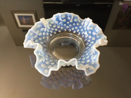 Depression Carnival Glass Light Blue Bowl with Opal Scalloped Rim 6 Inches