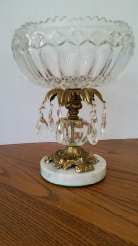 Vintage Crystal Glass Pedestal Fruit Bowl Brass w/ Prisms Marble Base