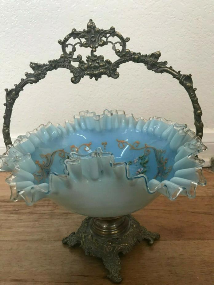 Ornate Antique Light Blue Glass Bride's Brides Fluted Bowl in Footed Stand