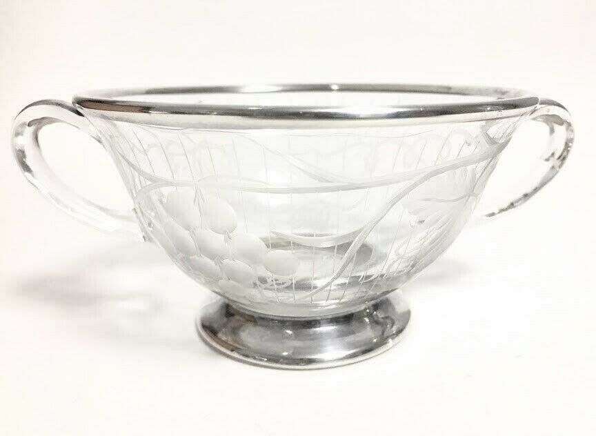 Vintage Dual Handled Cup or Bowl Etched Glass with Sterling Overlay by Rockwell