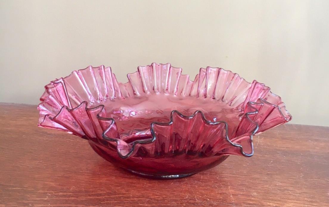 Vintage Antique 1930’s Cranberry Glass Extreme Ruffled Brides Basket 12” Bowl