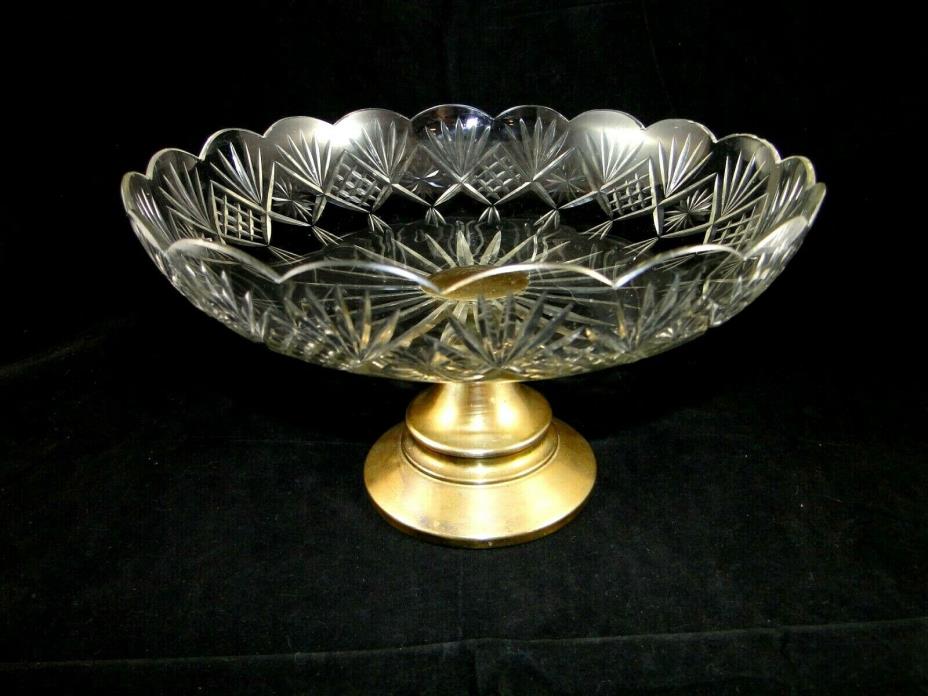 Crystal Cut Glass Candy Dish Fruit Bowl Vase On Brass Pedestal
