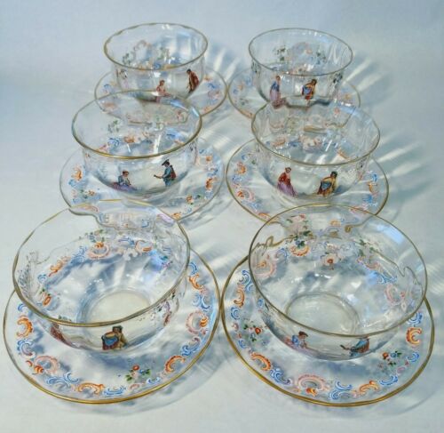 19th Century Antique Moser Glass and Enamel Bowls with Saucers Set of 6