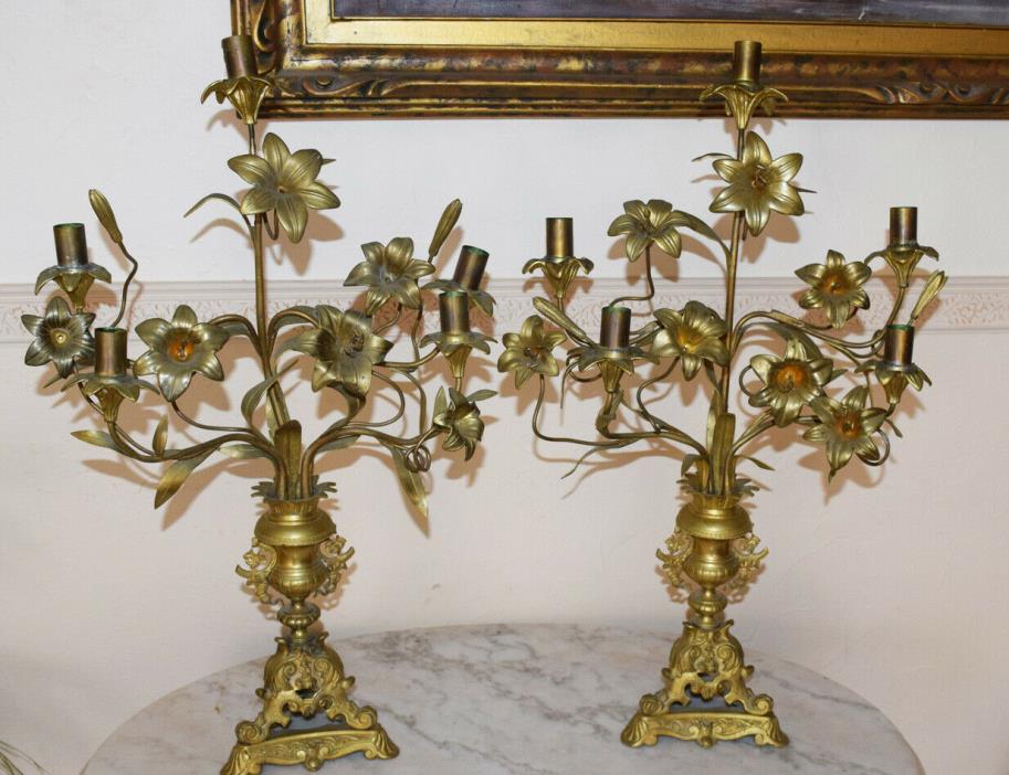 Brass  Antique PAIR Floral Candelabra  CANDLESTICKS Bronze Flowers flower rococo