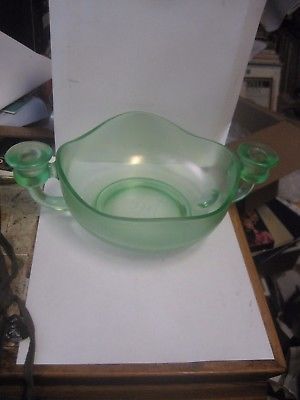 ART DECO ERA FROSTED GREEN GLASS 2 CANDLE BOWL/MARKED PAT APPLIED FOR/DIAMOND?
