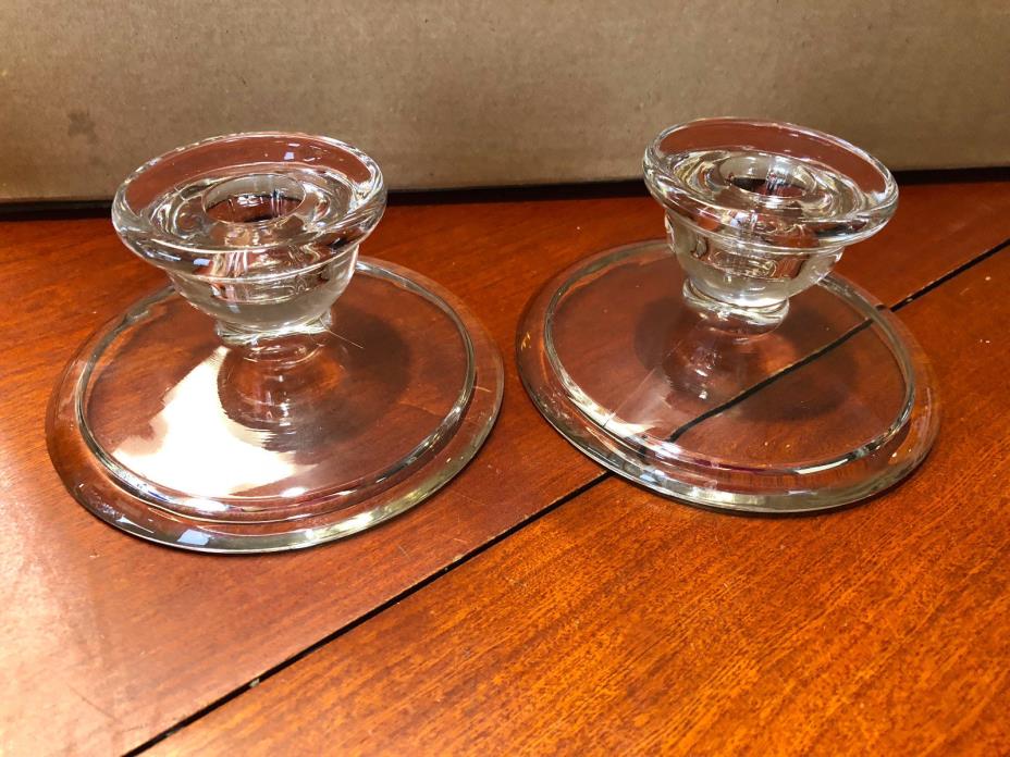 Vintage/Antique Glass Candle Holders - A Pair - Squat Plain Design - Heavy