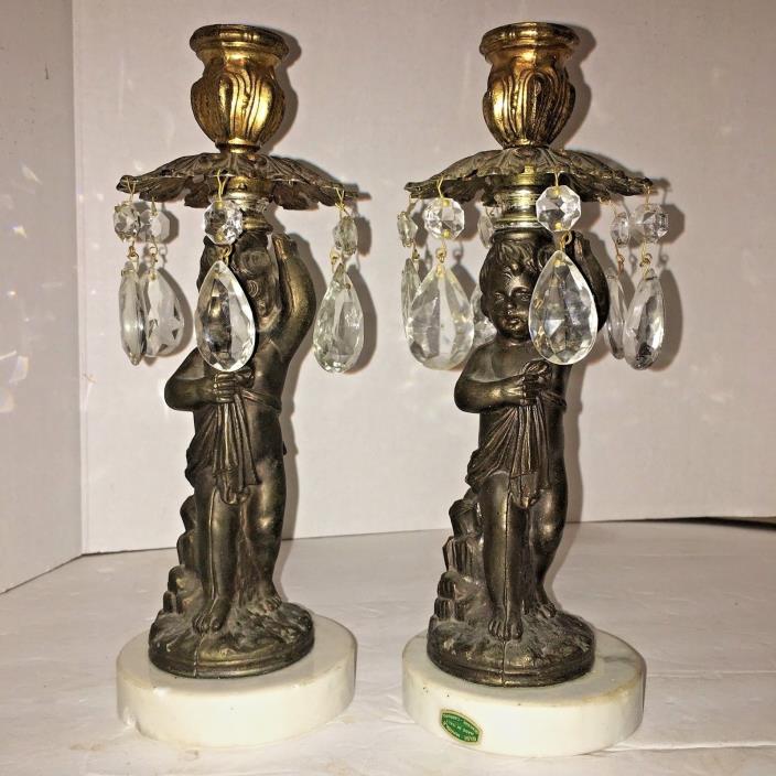 Pair Vintage Brass Cherub Candle Holders With Marble Base Prisms Italy 10