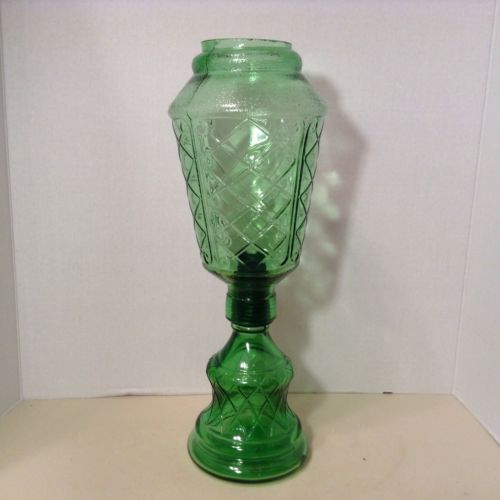 GREEN DEPRESSION GLASS CANDLESTICK HURRICANE LAMP CANDLE HOLDER VINTAGE 15.5