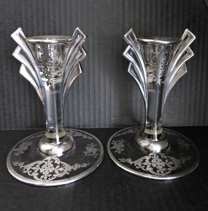Antiqu Art Deco Nouveau Glass Sterling Silver Overlay Candleholders Candlesticks