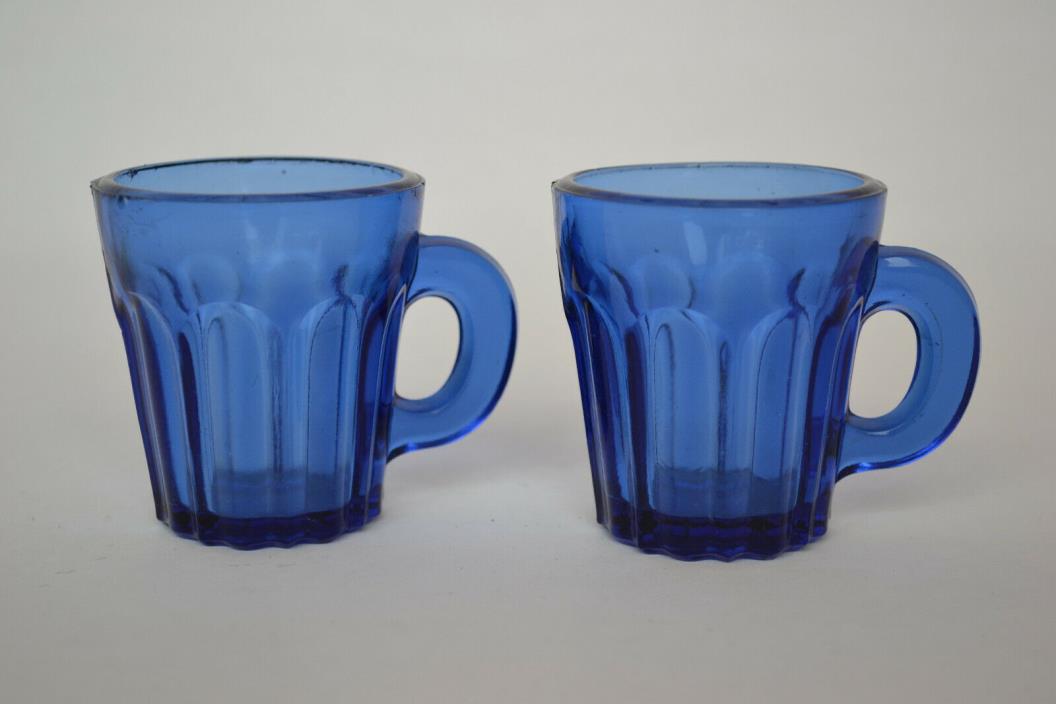 Pair 19th Century Pressed Glass Cobalt Handled Whiskey Tasters