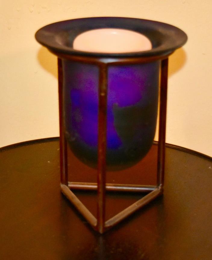 Cobalt blue Glass Candle Holder with metal stand