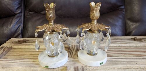 Vtg Pair marble base candle stick holders dangle prisms Italy Romania