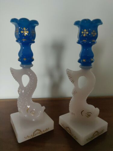 PAIR GLASS MMA KOI DOLPHIN FISH 2-TONE PINK OPSLESESCENT & BLUE CANDLESTICKS