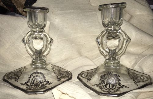 Antique Pair Art Nouveau Sterling Silver Overlay Glass Candle Holders 5
