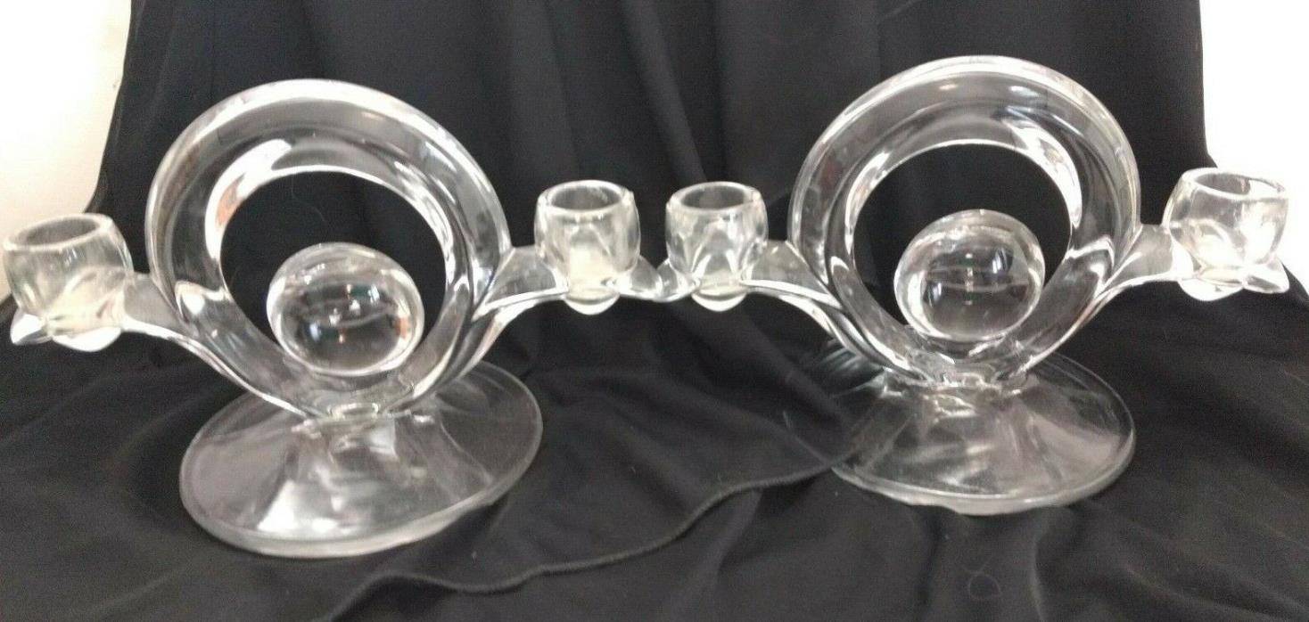 Vintage Art Deco Clear Glass Double Candle Holders both span 8 inches