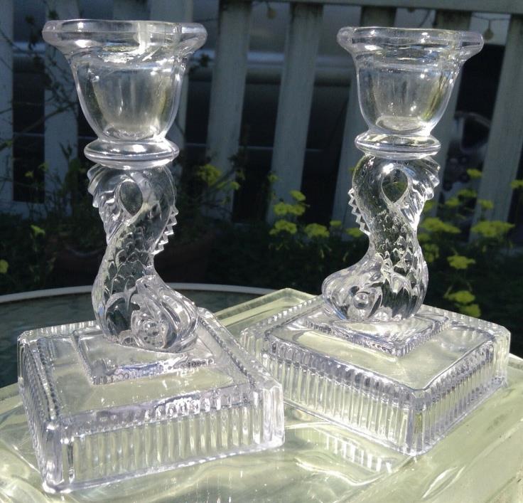 VINTAGE PAIR CAMBRIDGE CLEAR GLASS DOLPHIN OR KOI FISH NAUTICAL CANDLESTICK