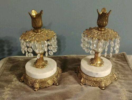 Vintage Brass Tone Candle Holders on Marble Base With Crystal Prisms Nice Patina