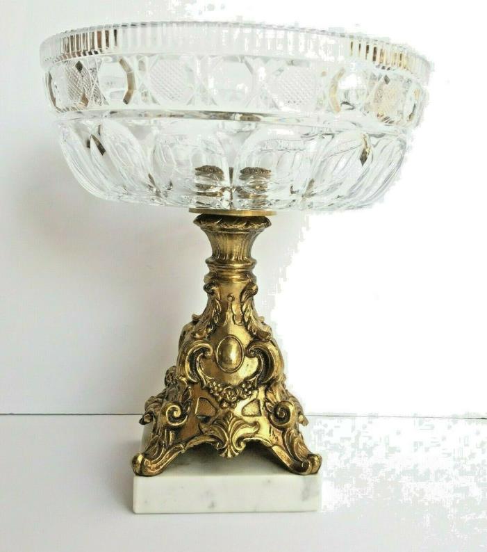 Crystal Glass Pedestal Bowl Brass Marble Large Collectible Vtg KD1